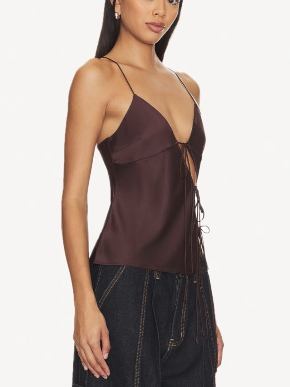 LIONESS Mariah Satin-Feel Asymmetric Cut-Out Tie-Front Cami Top (Garnet Brown) - Picture 4 of 16
